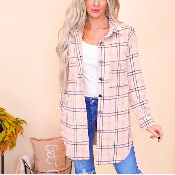 🆕🌿🩷MUNDEFEIS: NAVY/PINK Long Plaid Button Up Jacket SMALL - Picture 6 of 10